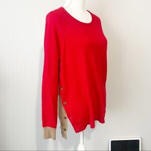 J Crew wool elbow patch sweater size large red tan side button crew neck grandpa